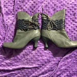 Grey heeled booties. John Fluevog